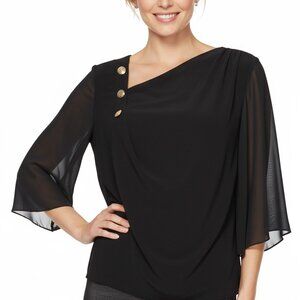 NWT Atelier 29 Black Sheer Sleeve Blouse Angled  Neck Cocktail Shirt Gold Button